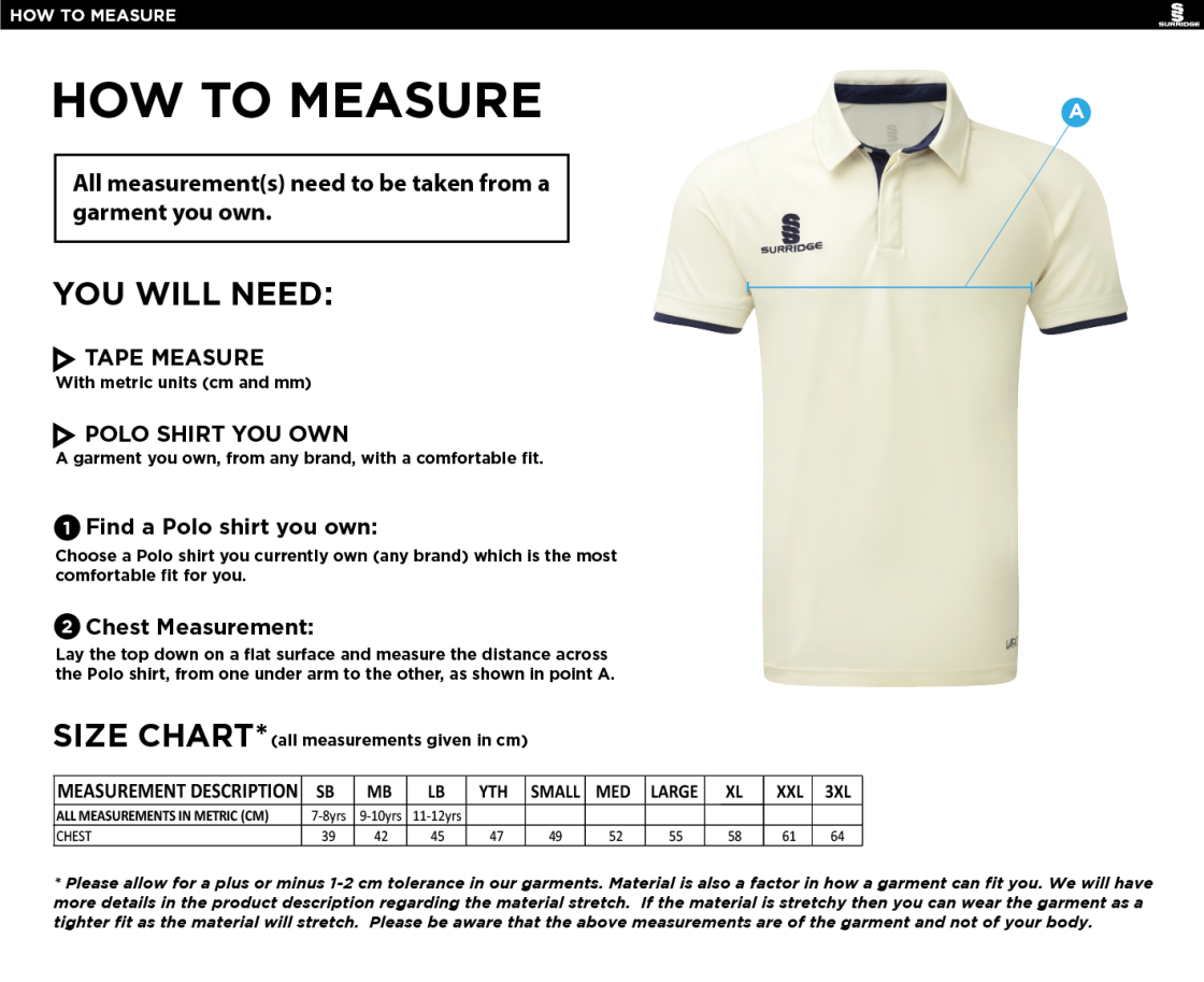 Hythe & Dibden CC - Ergo Short Sleeve Green Trim Shirt - Size Guide