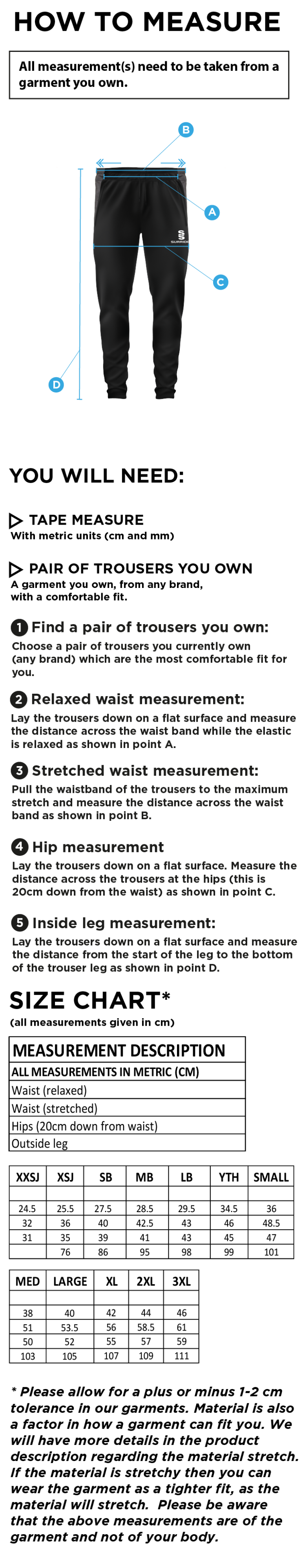 Hythe & Dibden CC - Tek Slim Pant - Size Guide