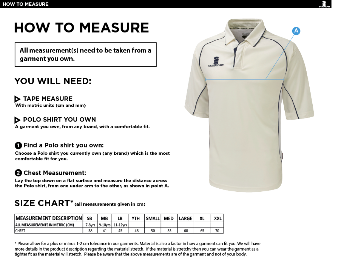 Hythe & Dibden CC - Premier 3/4 Sleeve Green Trim Shirt - Size Guide