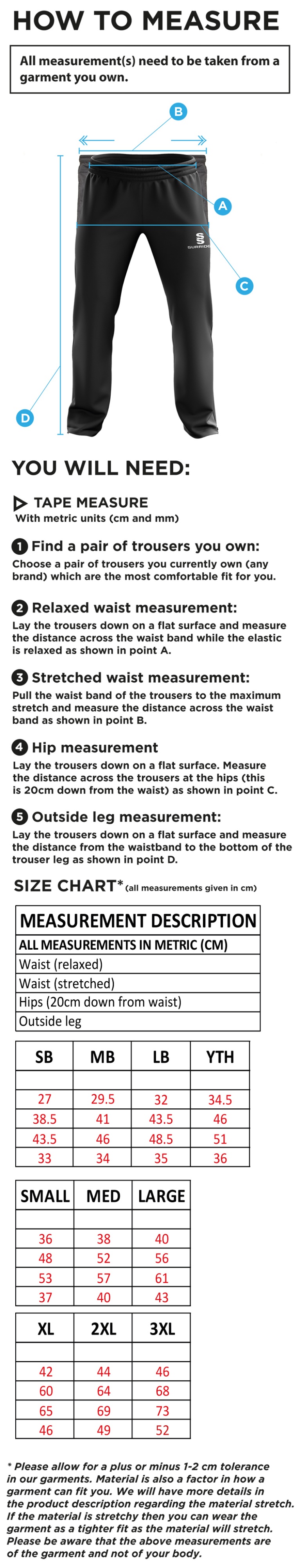 Hythe & Dibden CC - Ripstop Track Pant - Size Guide
