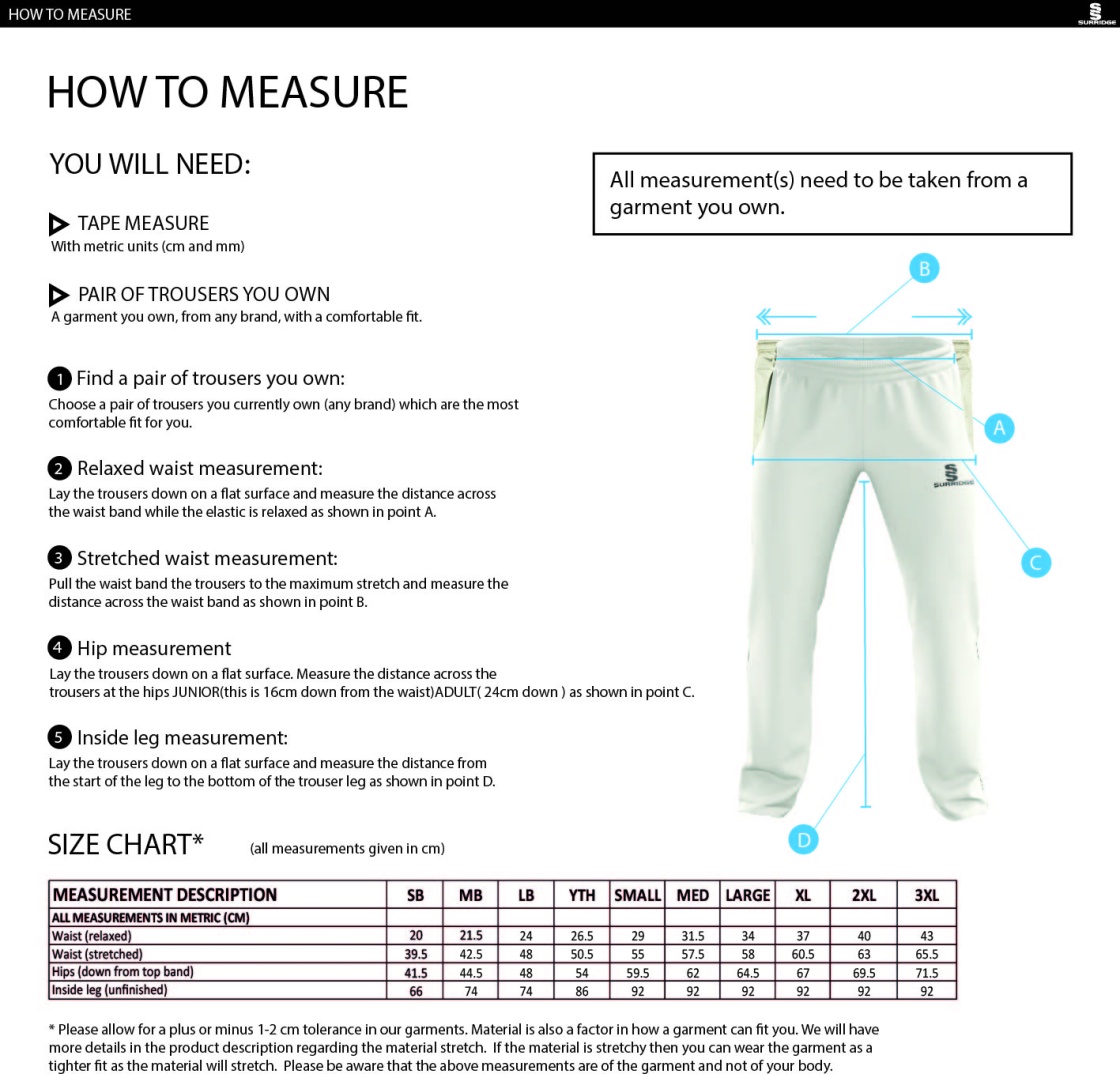 Hythe & Dibden CC - Standard Playing Pant - Size Guide