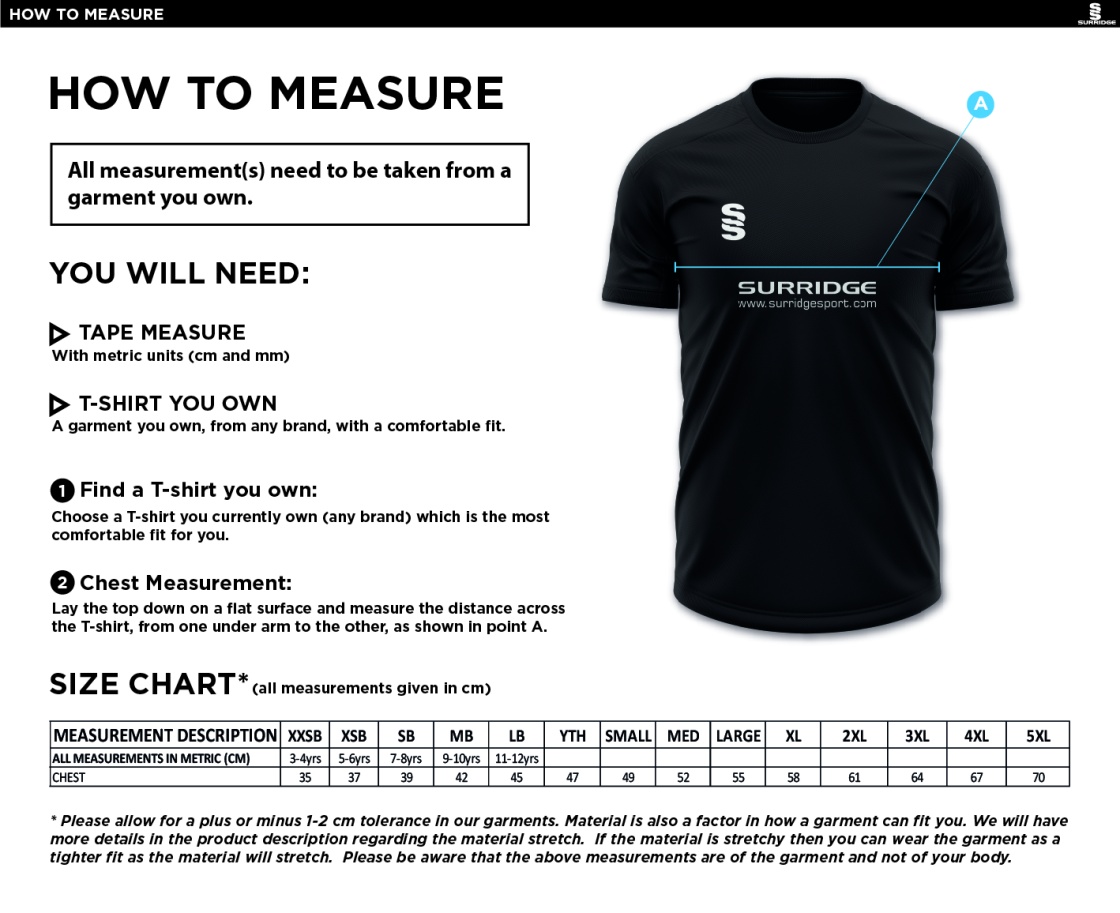 Hythe & Dibden CC - Blade T-shirt - Size Guide