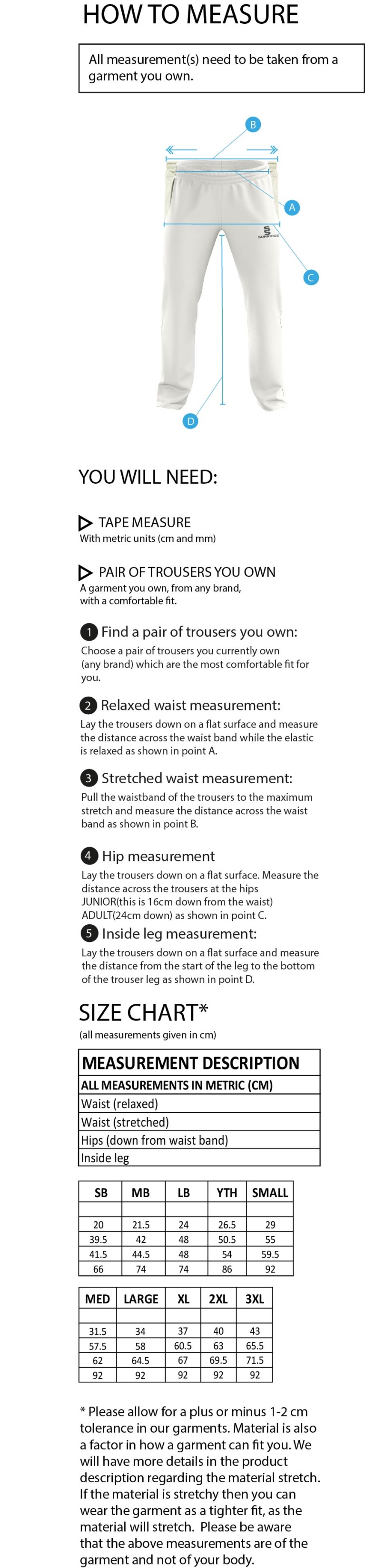 Hythe & Dibden CC - Standard Playing Pant - Size Guide