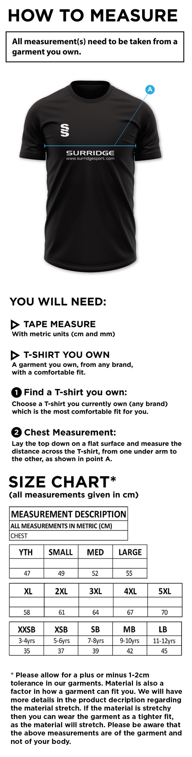 Hythe & Dibden CC - Dual Training Shirt - Size Guide