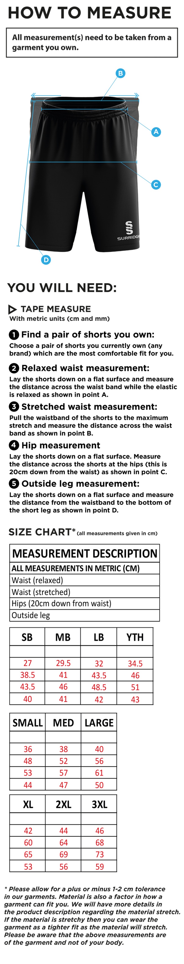 Hythe & Dibden CC - Ripstop Short - Size Guide