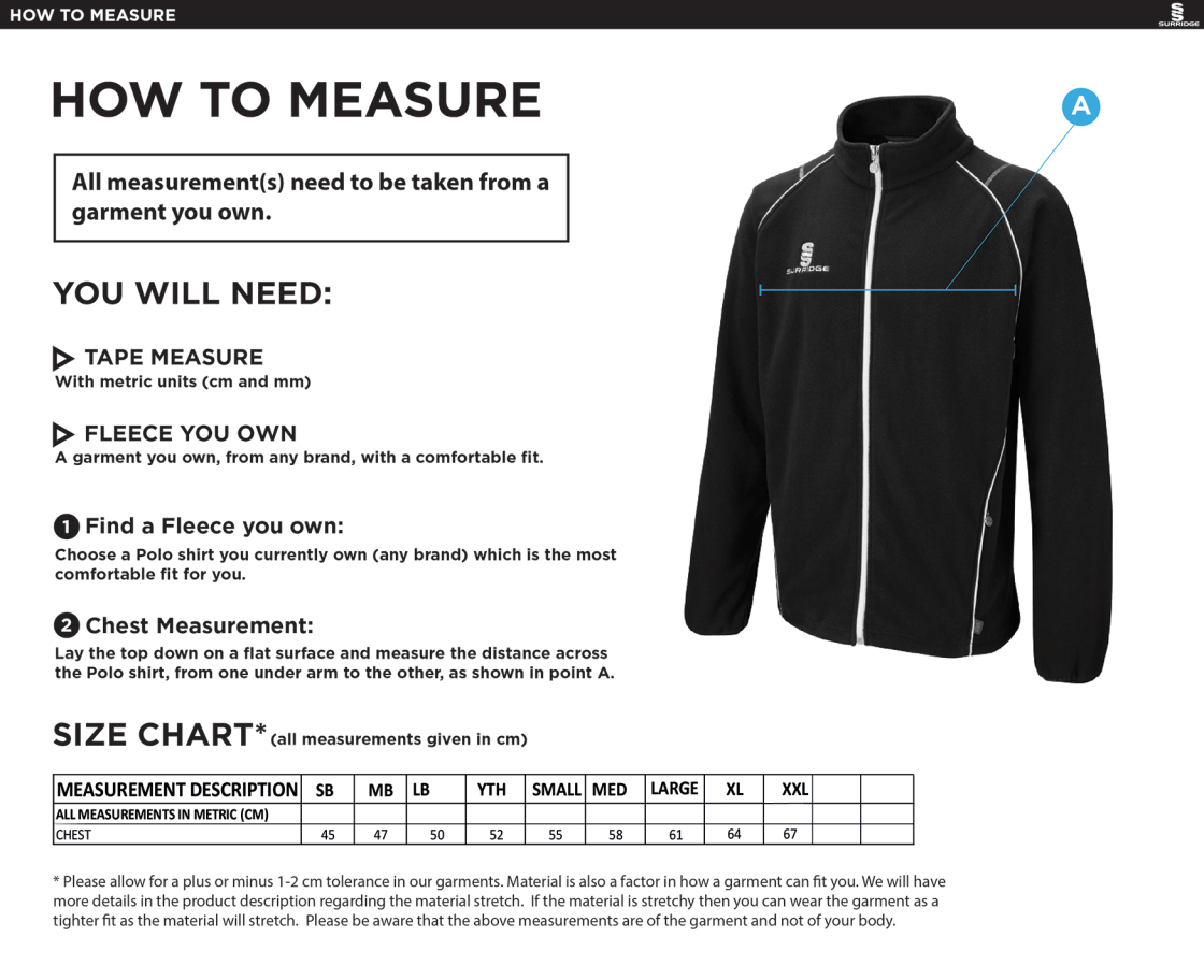 Hythe & Dibden CC - Full Zip Fleece Jacket - Size Guide