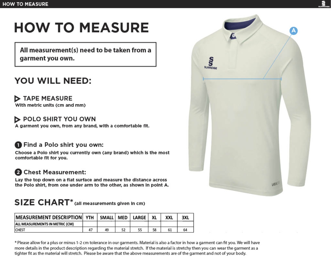Hythe & Dibden CC - Ergo Long Sleeve Green Trim Shirt - Size Guide