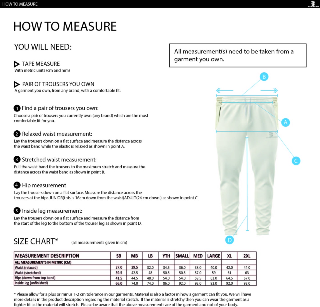 Hythe & Dibden CC - Tek Playing Pant - Size Guide