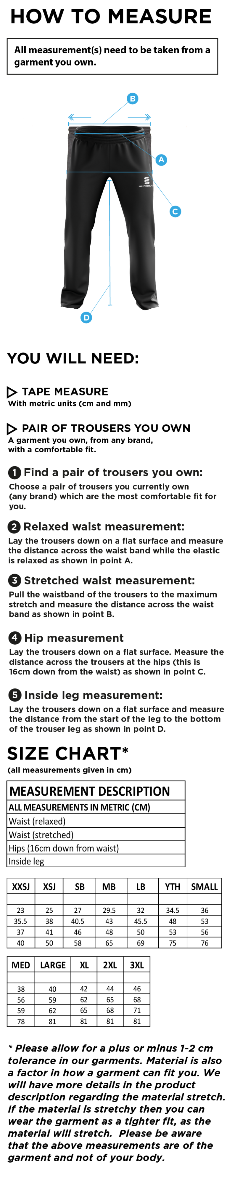 Hythe & Dibden CC - Poplin Track Pant - Size Guide
