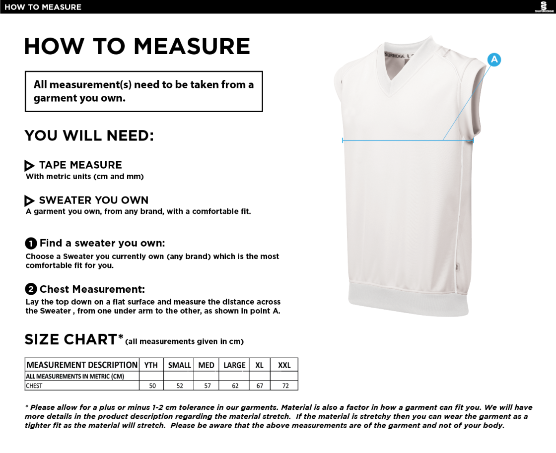 Hythe & Dibden CC - Sleeveless Sweater Green Trim - Size Guide