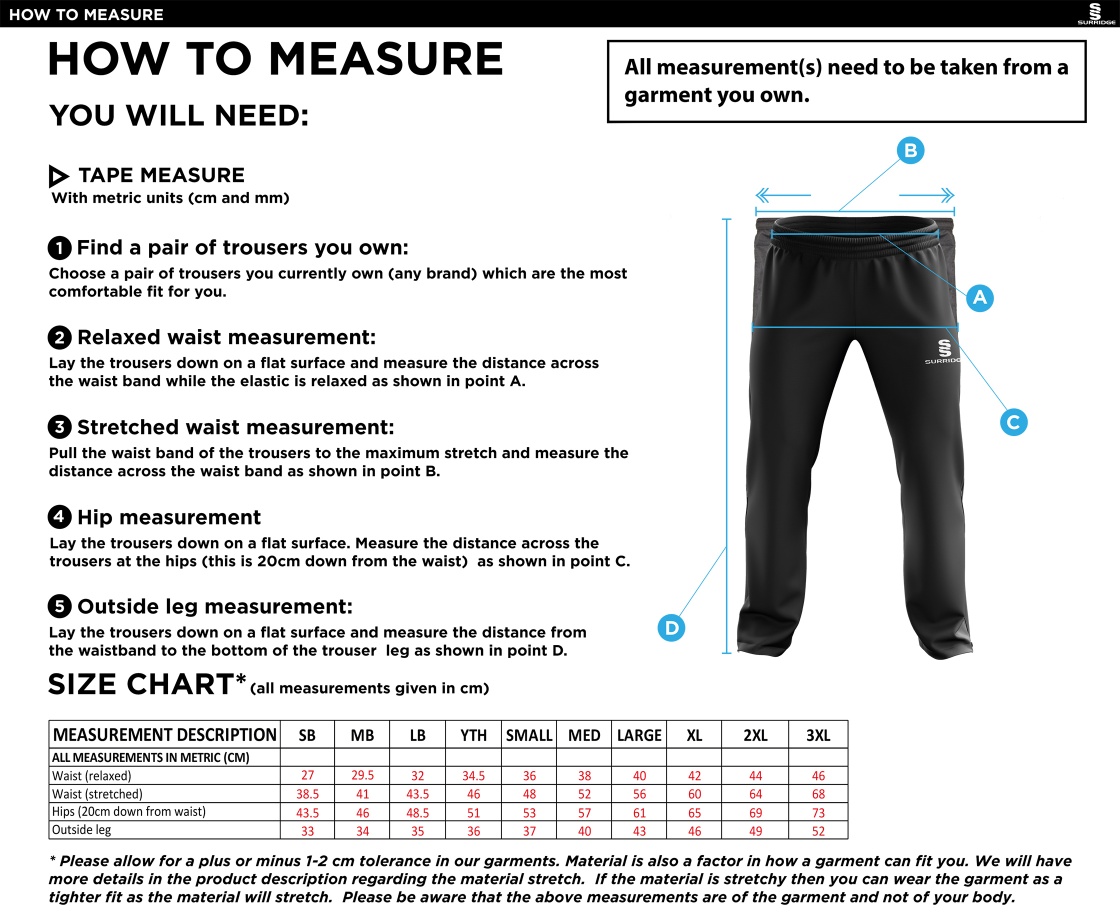 Hythe & Dibden CC - Ripstop Track Pant - Size Guide