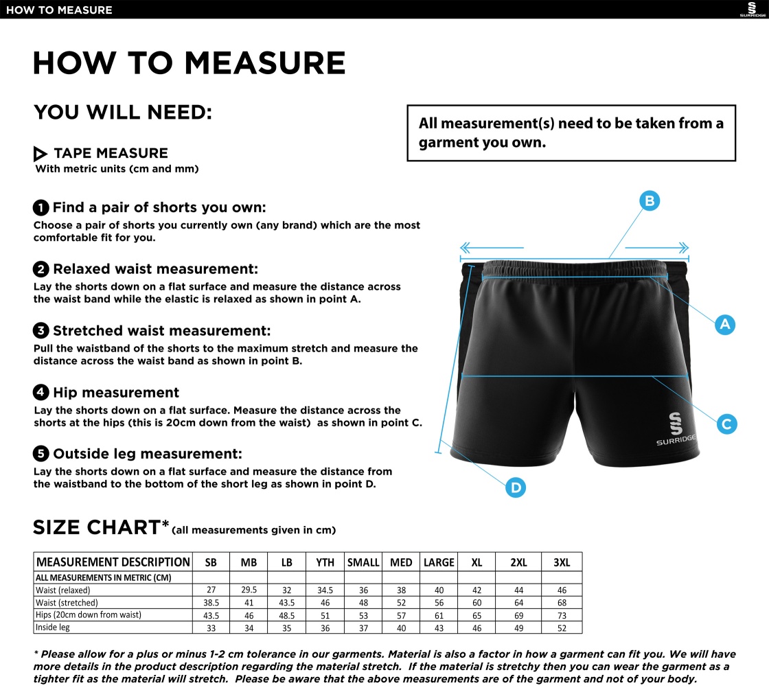 Hythe & Dibden CC - Dual Gym Shorts - Size Guide