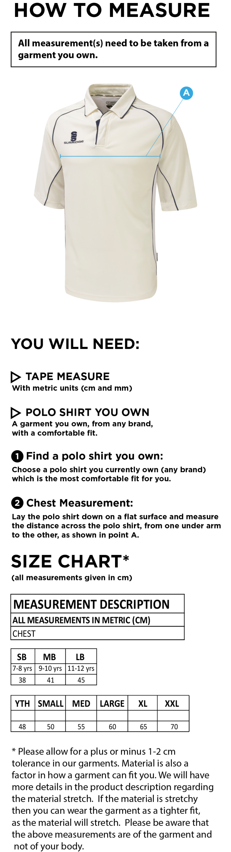 Hythe & Dibden CC - Premier 3/4 Sleeve Green Trim Shirt - Size Guide