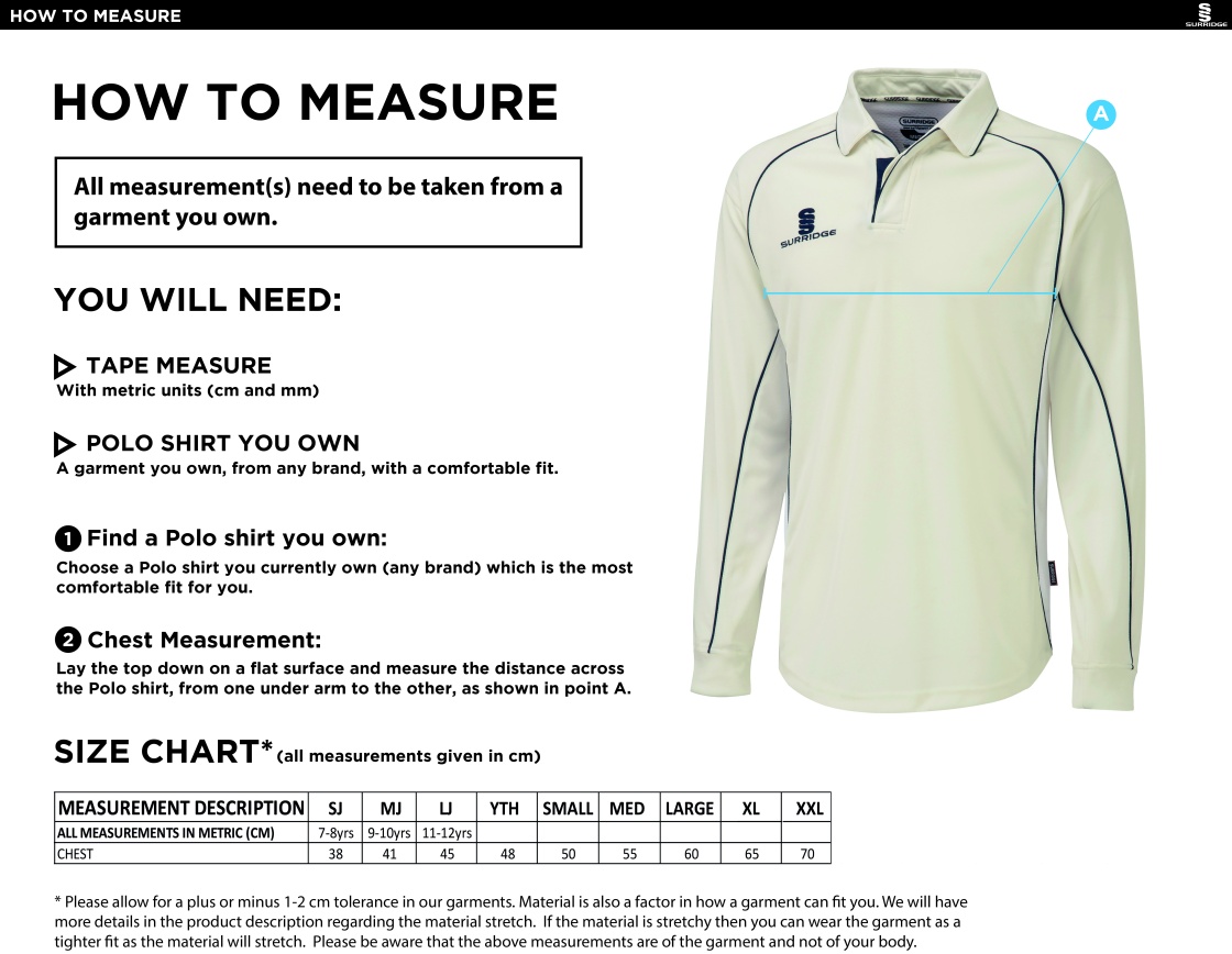 Hythe & Dibden CC - Premier Long Sleeve Green Trim Shirt - Size Guide