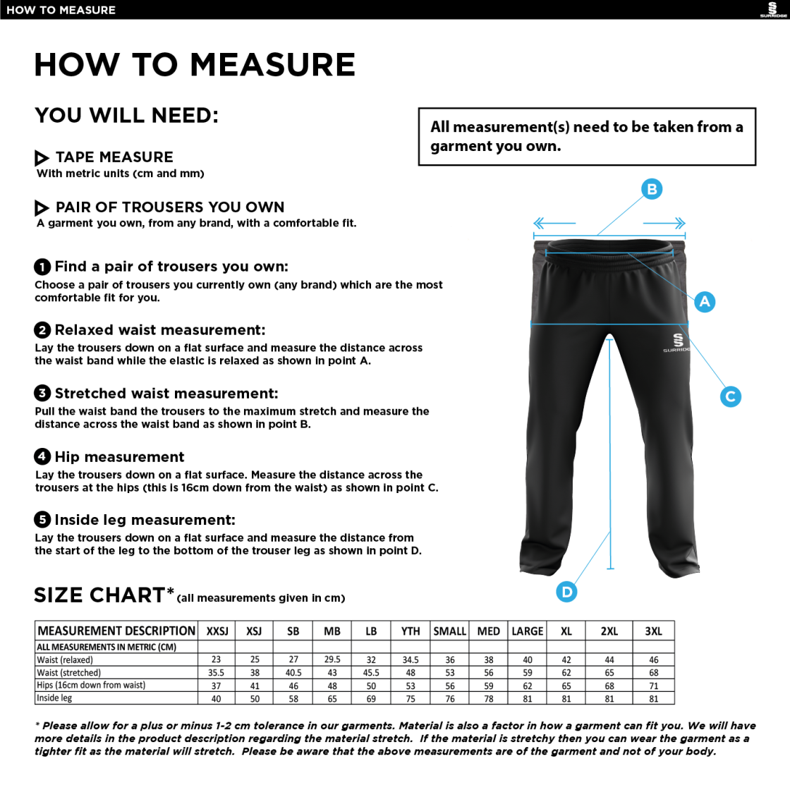 Hythe & Dibden CC - Poplin Track Pant - Size Guide