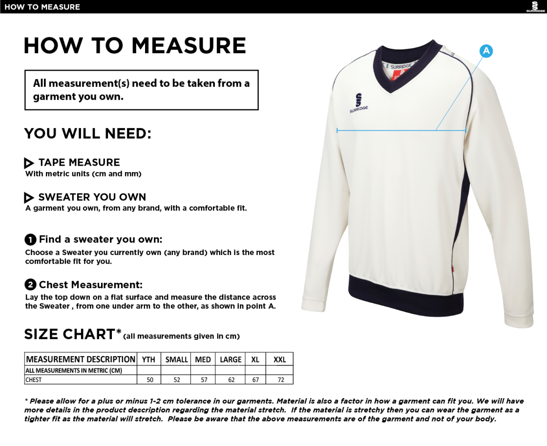 Hythe & Dibden CC - Long Sleeve Sweater Green Trim - Size Guide
